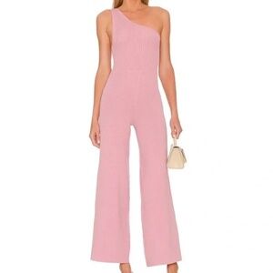 Free People FP Beach One Shoulder Ribbed Knit Wide Leg Jumpsuit Pink Mauve
